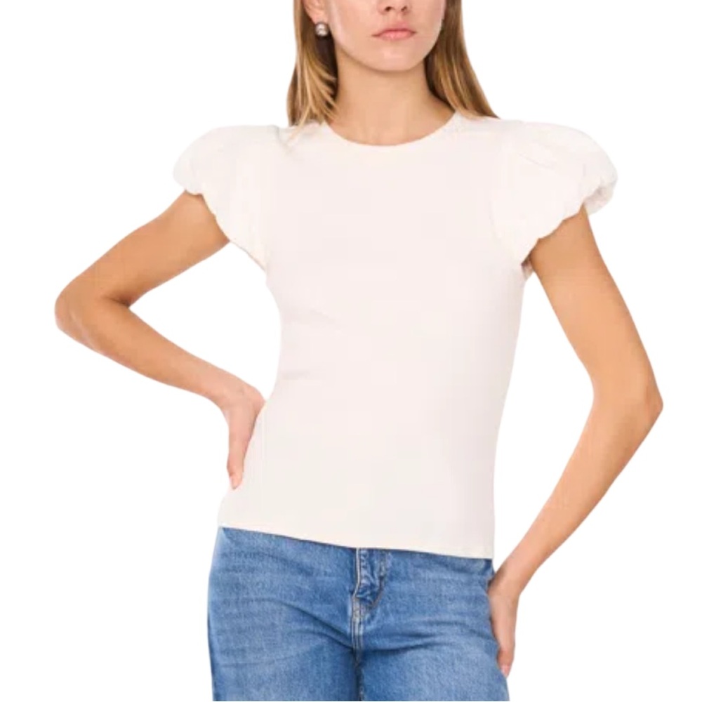 NEW!! 1.STATE Tulip Puff Sleeve Ribbed T-shirt - In Ultra White - Size L